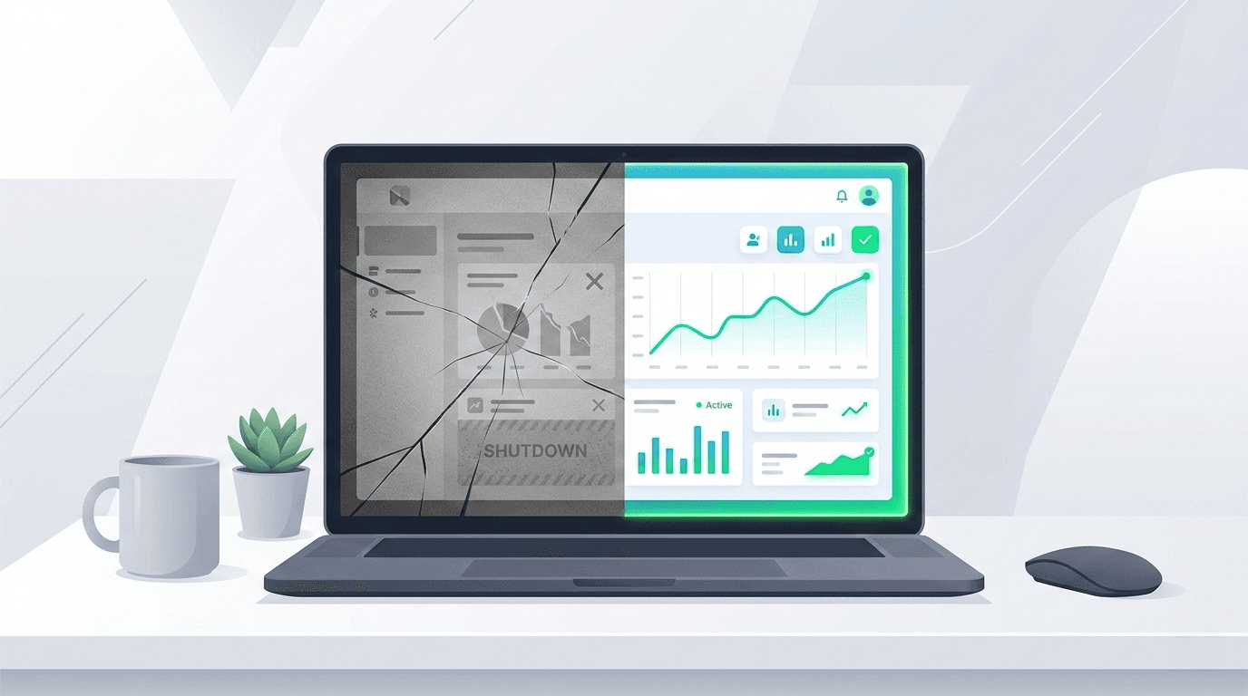 Split screen laptop showing AND.CO's cracked grey interface on the left and a modern green freelancer dashboard on the right