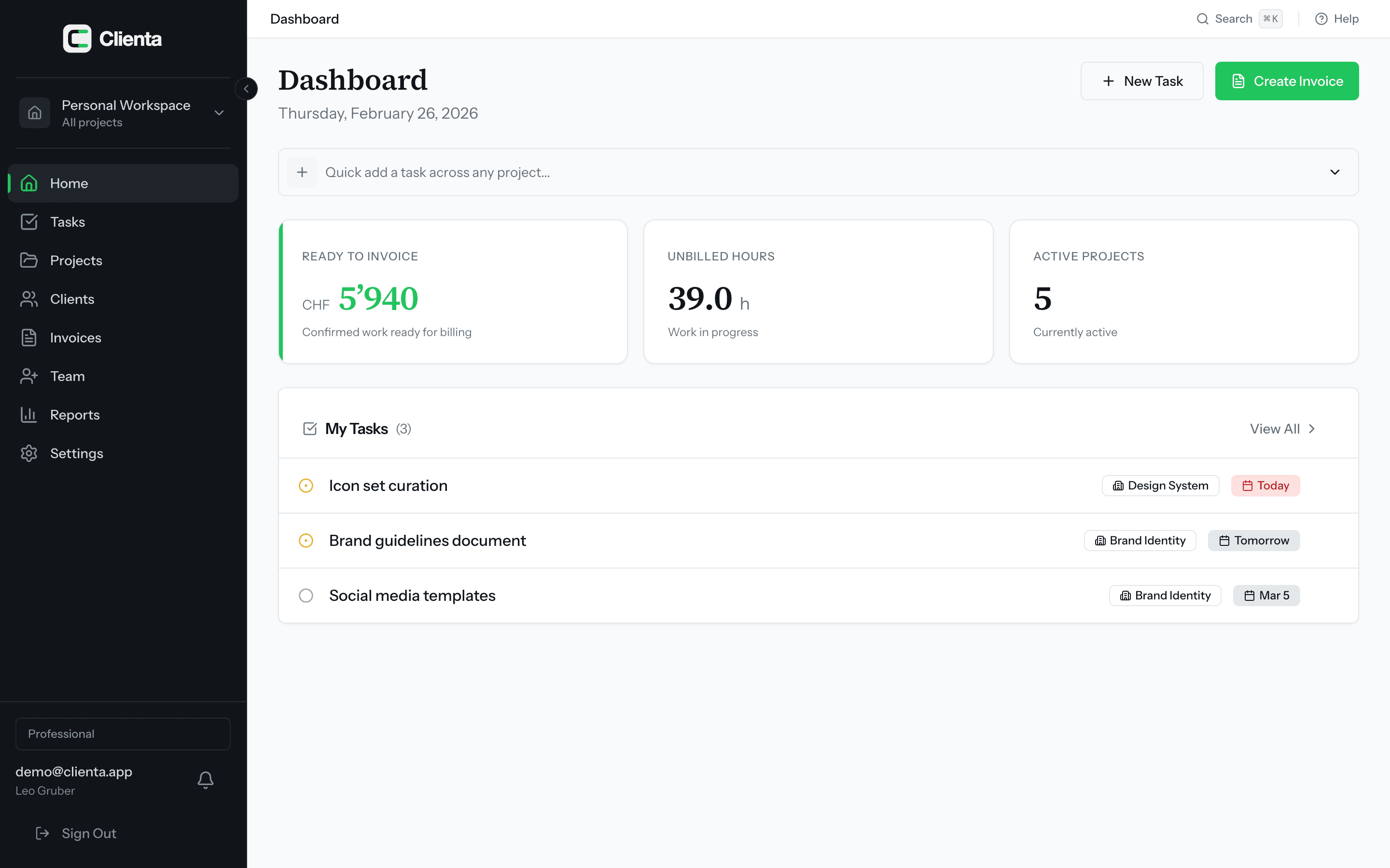 Clienta dashboard showing tasks, unbilled hours, and ready to invoice amounts